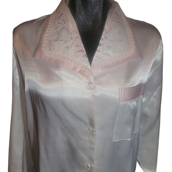 Carroll Reed White Satin 2 Piece Pajama Set with Pink Trim M - Picture 2 of 9